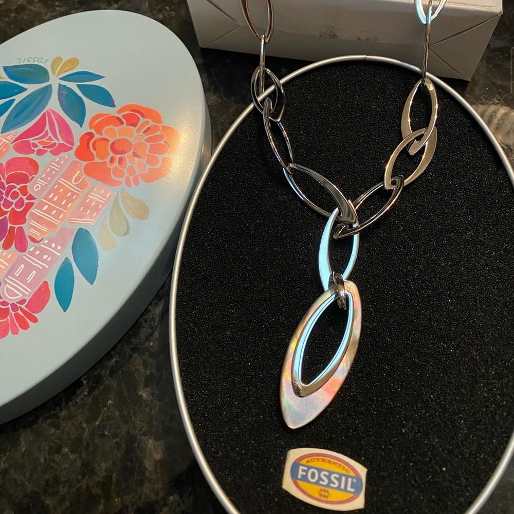 Fossil Mother of Pearl Pendant Necklace Stainless